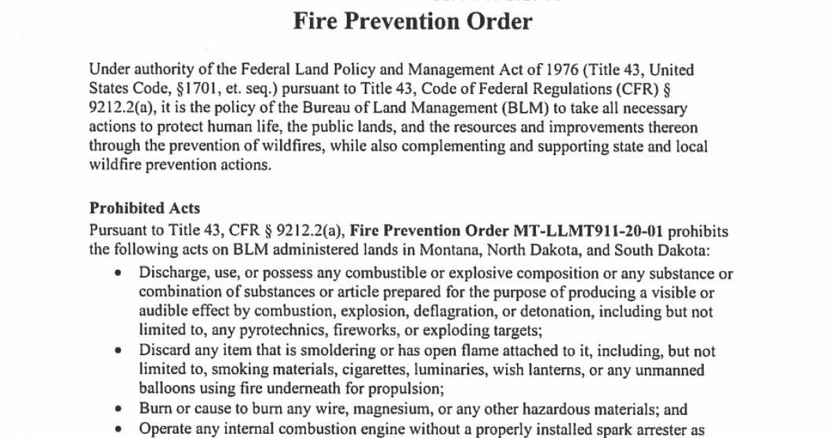 2020 Fire Prevention Order Bureau of Land Management